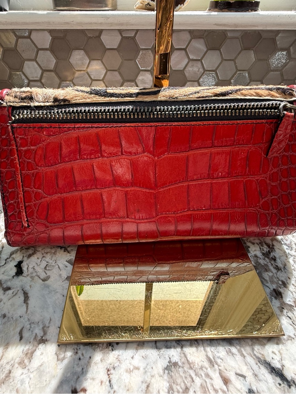 Red Croc-Embossed Clutch with Tiger Print Flap - Picture 5 of 9